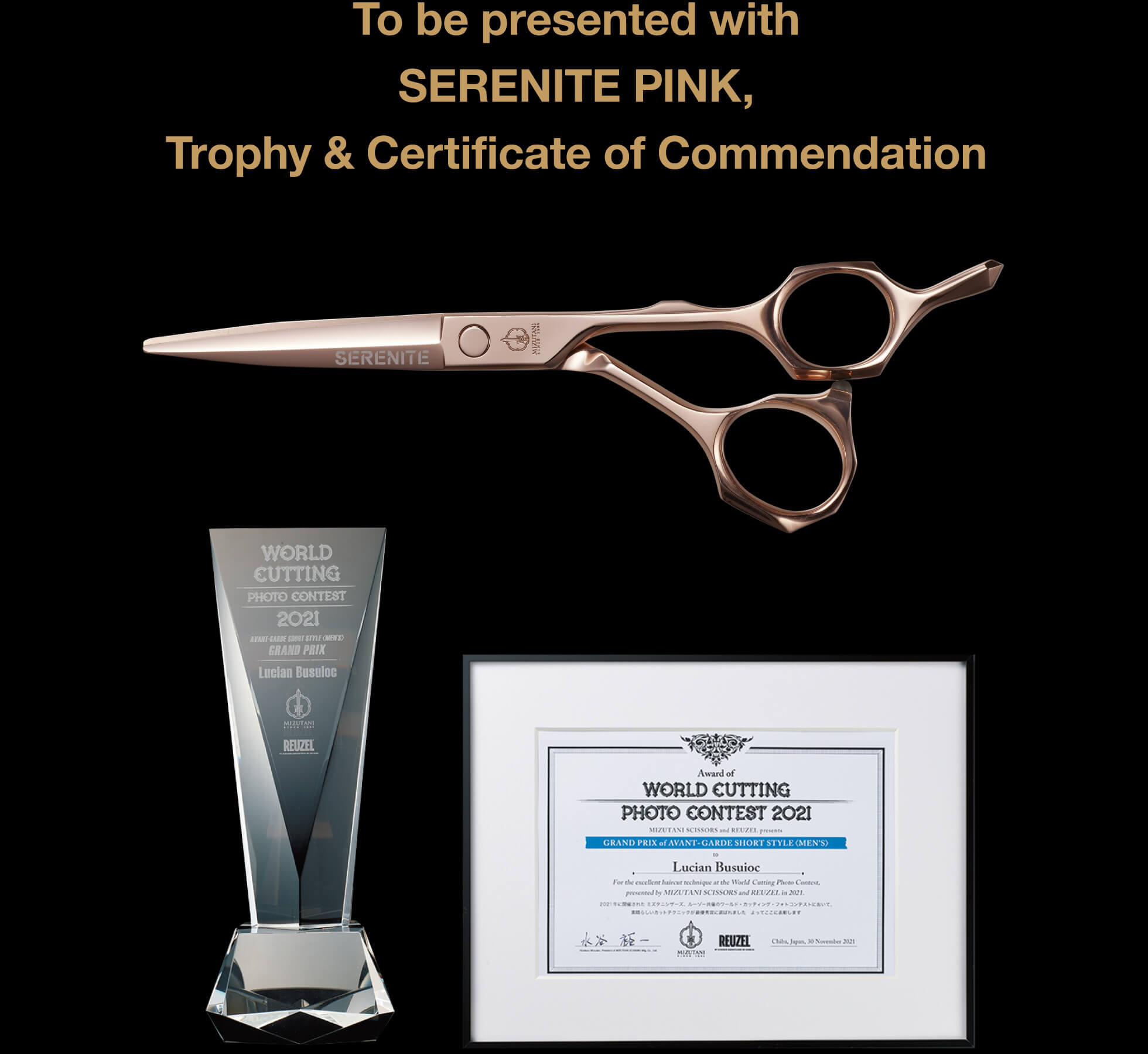 To be presented with SERENITE PINK, Trophy & Certificate of Commendation