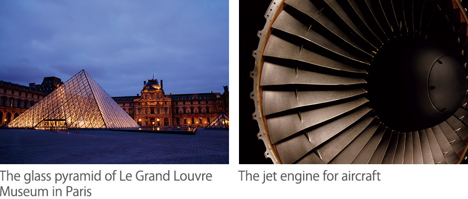 The glass pyramid of Le Grand Louvre Museum in Paris / The jet engine for aircraft